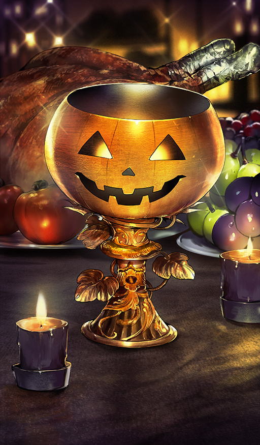 candle candlelight chalice commentary cup fate/grand_order fate_(series) fire food food_request fruit grapes jack-o'-lantern lasengle no_humans object_focus official_art orange_theme sparkle still_life third-party_source turkey_(food)