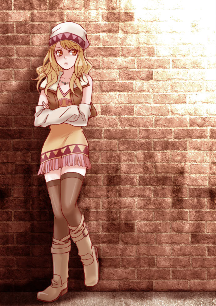 Anime girl leaning against a wall