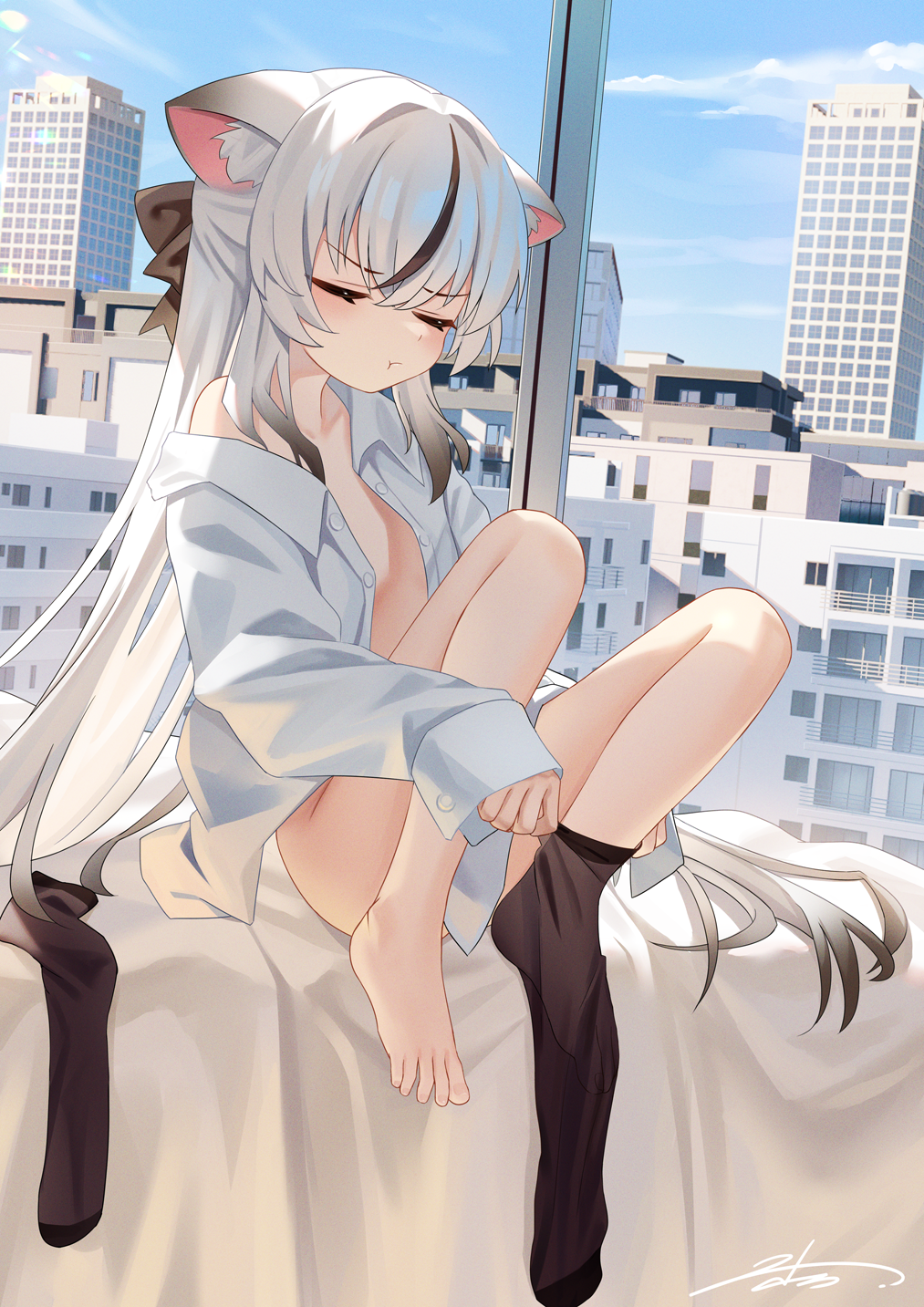 1girl :t animal_ear_fluff animal_ears barefoot black_hair black_thighhighs blue_archive chinese_commentary cityscape closed_eyes closed_mouth collared_shirt commentary_request dressing flat_chest grey_hair highres knees_up kokona_(blue_archive) loli long_hair multicolored_hair pout shirt signature single_bare_foot sitting solo streaked_hair thighhighs tiger_ears tiger_girl toes two-tone_hair very_long_hair white_shirt window zds