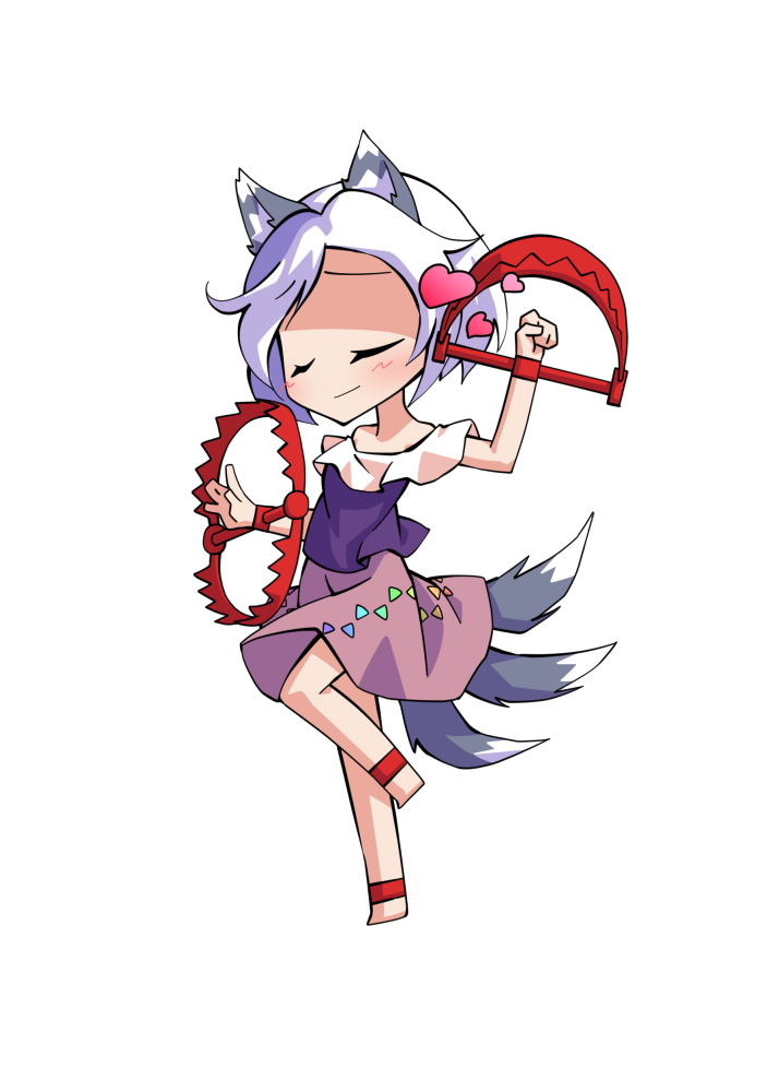 1girl animal_ears anklet arm_up barefoot bear_trap chibi chibi_only closed_eyes commentary_request dairi dog_ears dog_tail full_body grey_hair jewelry large_variant_set mitsugashira_enoko multiple_tails purple_shirt shirt short_hair short_sleeves simple_background skirt solo tachi-e tail touhou transparent_background variant_set