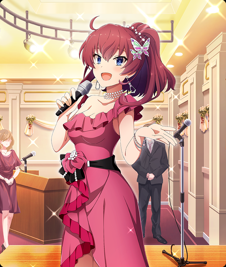 1boy 2girls :d black_suit blue_eyes blush bracelet breasts brown_hair butterfly_hair_ornament ceiling_light cleavage collarbone dot_nose dress earrings faceless faceless_female floating_earrings formal_clothes game_cg hair_ornament high_ponytail holding holding_microphone indoors jewelry konohana_suzuka looking_at_viewer medium_breasts microphone microphone_stand multiple_girls necktie official_art open_mouth outstretched_hand own_hands_together pearl_choker podium ponytail purple_necktie red_dress red_hair single_off_shoulder smile solo_focus sparkle stage stage_lights suit third-party_source toji_no_miko toji_no_miko:_kizamishi_issen_no_tomoshibi