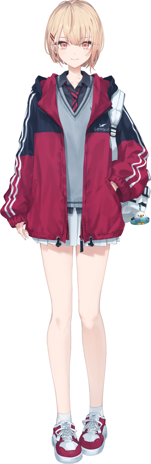 1girl bag_charm bare_legs black_jacket black_necktie black_shirt blonde_hair charm_(object) closed_mouth collared_shirt ear_piercing earrings full_body grey_sweater_vest hair_ornament hairclip hand_in_pocket highres jacket jewelry legs looking_at_viewer makihitsuji minamo_madoka miniskirt mole mole_on_neck necktie nijisanji official_art orange_eyes parallel_hairclips piercing pleated_skirt red_jacket red_necktie red_shoes shirt shoelaces shoes short_hair skirt sleeves_past_wrists smile socks solo straight-on striped_clothes striped_necktie sweater_vest tachi-e transparent_background virtual_youtuber white_bag white_shoes white_skirt white_socks