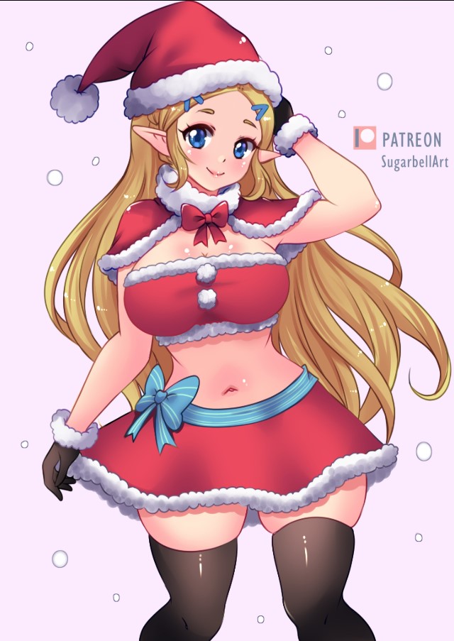 1girl arm_behind_head arm_up black_gloves black_thighhighs blonde_hair blue_bow blue_eyes blue_ribbon blush bow bowtie breasts capelet christmas cleavage fur-trimmed_capelet fur-trimmed_gloves fur-trimmed_headwear fur-trimmed_shirt fur-trimmed_skirt fur_trim gloves hair_ornament hairclip hat large_breasts long_hair looking_at_viewer midriff navel nintendo pointy_ears pom_pom_(clothes) princess_zelda purple_background red_bow red_bowtie red_capelet red_hat red_shirt red_skirt ribbon santa_costume santa_hat shirt skirt smile snow snowing standing strapless striped_bow striped_ribbon sugarbell the_legend_of_zelda the_legend_of_zelda:_breath_of_the_wild the_legend_of_zelda:_tears_of_the_kingdom thick_thighs thighhighs thighs tube_top winter