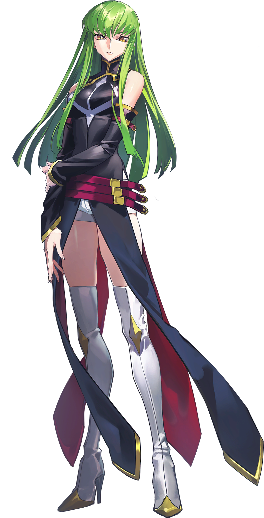 1girl bare_shoulders belt boots breasts breasts_apart c.c. code_geass code_geass:_genesic_re;code covered_navel detached_sleeves from_above full_body green_hair hair_spread_out halterneck hand_up head_tilt highres holding holding_own_hair legs_together leotard leotard_under_clothes long_hair long_sleeves looking_at_viewer lying medium_breasts official_art on_back parted_lips purple_belt sidelocks simple_background solo straight_hair thigh_boots thigh_gap thighhighs transparent_background turtleneck very_long_hair white_boots white_leotard white_thighhighs yellow_eyes