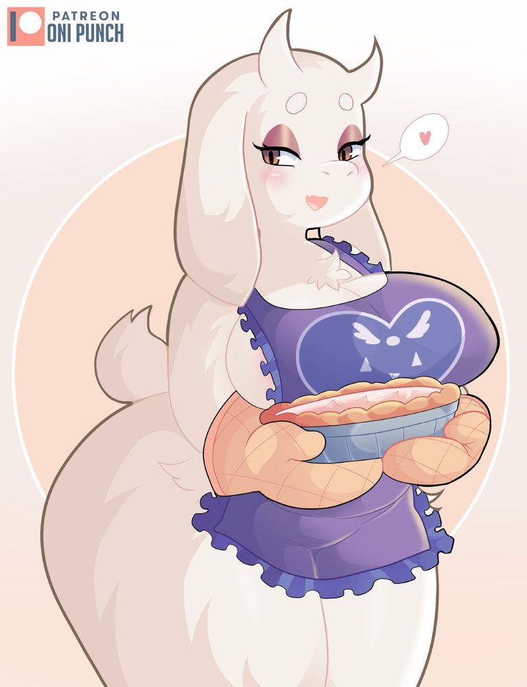 1girl apron breasts eyeshadow fang food furry furry_female goat_girl heart large_breasts light_blush makeup mature_female mittens naked_apron oni_punch patreon_logo patreon_username pie skin_fang solo spoken_heart thick_thighs thighs toriel undertale utdr_(toby_fox)
