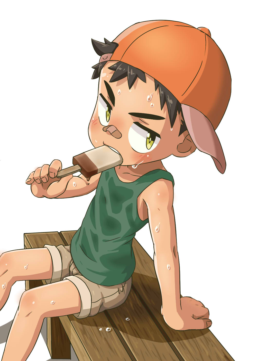 1boy ame-chan_(tjugemu) bandaid bandaid_on_face bandaid_on_nose bench black_hair brown_shorts collarbone eating food food_in_mouth food_on_face frown green_shirt hat highres holding holding_food ice_cream ice_cream_on_face jockey looking_at_viewer male_focus nails patch shadow shiny_skin shirt short_hair shorts simple_background sitting sleeveless sleeveless_shirt solo solo_focus spiked_hair stick sweat teeth tjugemu white_background bad_tag wooden_bench yellow_eyes