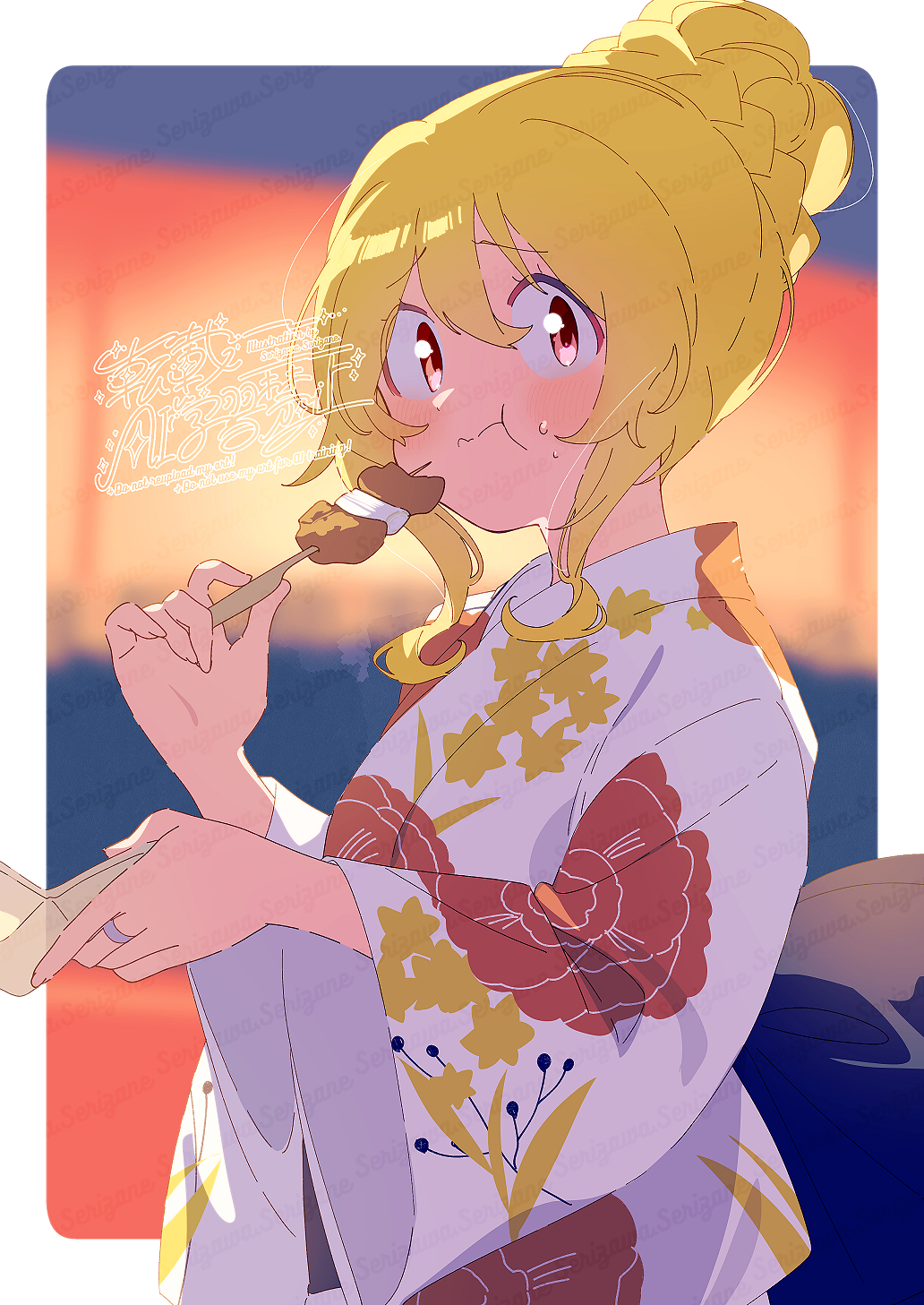 1girl :t blonde_hair blush border closed_mouth commentary_request floral_print floral_print_kimono food hair_between_eyes hair_bun highres holding holding_food japanese_clothes kimono long_sleeves looking_at_viewer magia_record:_mahou_shoujo_madoka_magica_gaiden mahou_shoujo_madoka_magica outside_border print_kimono red_eyes serizawa_serizane short_hair single_hair_bun solo togame_momoko upper_body watermark white_border white_kimono wide_sleeves
