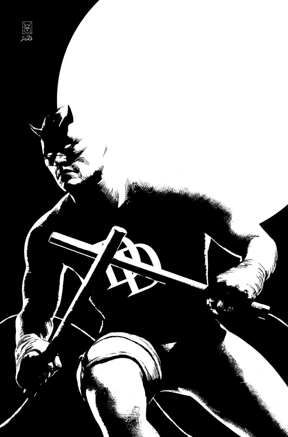 1boy 2023 artist_name black_background cowl d_(letter) daredevil dated greyscale highres holding holding_baton holding_nunchaku holding_weapon horned_mask marvel mask matt_murdock monochrome moon nunchaku shadow signature solo superhero_costume valerio_giangiordano weapon western_comics_(style)