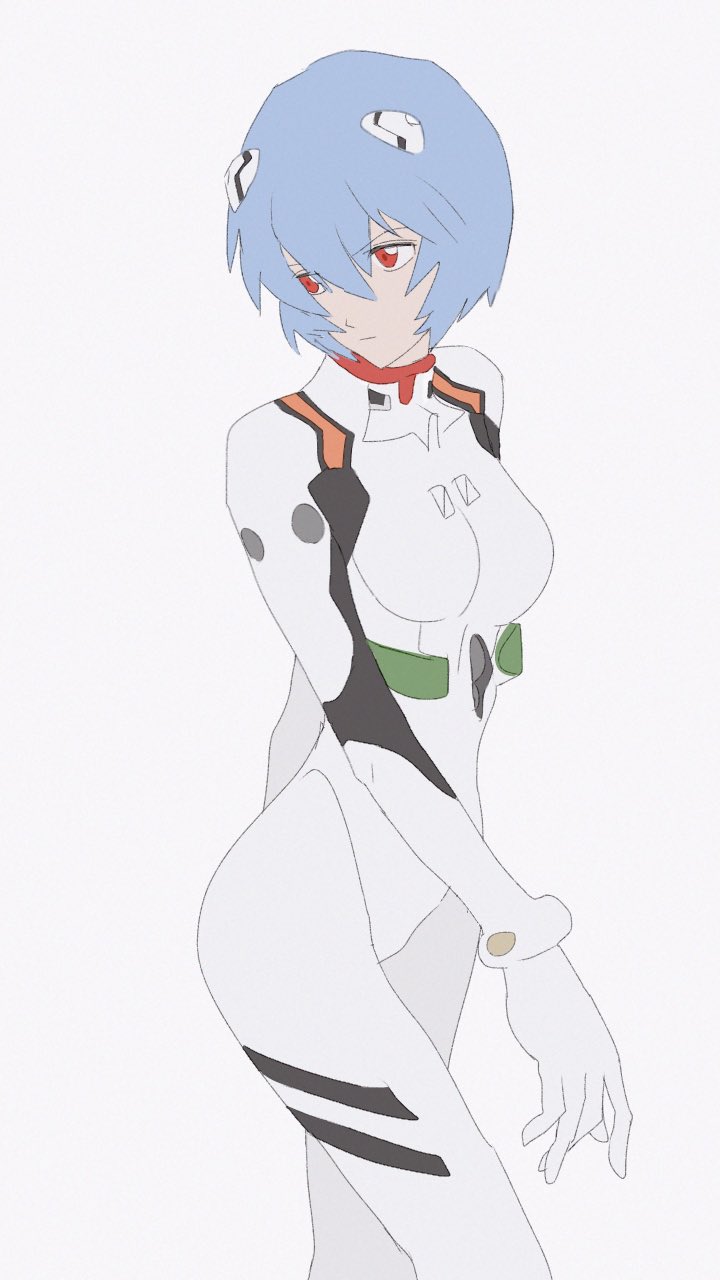 1girl ayanami_rei bad_id bad_twitter_id blue_hair bodysuit highres interface_headset_(evangelion) looking_to_the_side mecha_pilot_suit neon_genesis_evangelion plugsuit_(evangelion) red_eyes short_hair simple_background solo swirl9017 white_background white_bodysuit