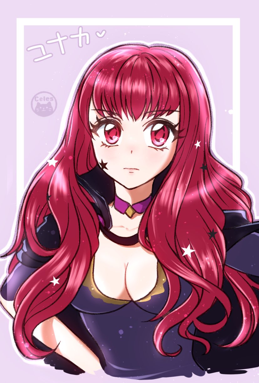 1girl bodysuit breasts cf_wing choker cleavage commentary_request facial_mark fire_emblem fire_emblem_engage hair_ornament highres long_hair looking_at_viewer nintendo pink_choker purple_bodysuit red_eyes red_hair solo star_(symbol) star_facial_mark star_hair_ornament yunaka_(fire_emblem)
