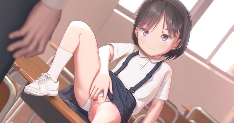 1boy 1girl 3d black_hair blue_skirt blush censored chair classroom closed_mouth clothes_lift clothing_aside collared_shirt custom_udon desk dot_nose hair_ornament hairband hetero indoors knee_up leaning_back leg_lift loli looking_at_viewer mosaic_censoring on_desk panties panties_aside purple_eyes pussy school_chair school_desk school_uniform shirt shoes short_hair short_sleeves sitting skirt skirt_lift smile sneakers socks solo_focus spread_legs suspender_skirt suspenders underwear white_footwear white_legwear white_shirt window