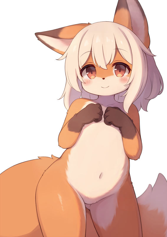 1girl animal_ears blush closed_mouth collarbone commentary completely_nude cowboy_shot double-parted_bangs fox_ears fox_girl fox_tail furry furry_female hair_between_eyes hands_on_own_chest loli matsuu_(akiomoi) medium_hair navel nude original red_eyes simple_background smile solo tail white_background white_hair