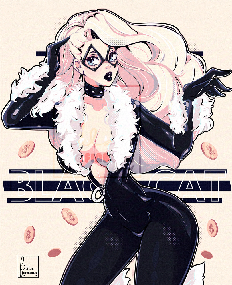 1girl artist_name black_bodysuit black_cat_(marvel) black_lips blue_eyes bodysuit breasts character_name cleavage coin cresscin domino_mask eye_mask felicia_hardy fur-trimmed_bodysuit large_breasts long_hair marvel mask narrow_waist no_bra parted_lips solo superhero_costume thick_thighs thighs twitter_username watermark white_hair