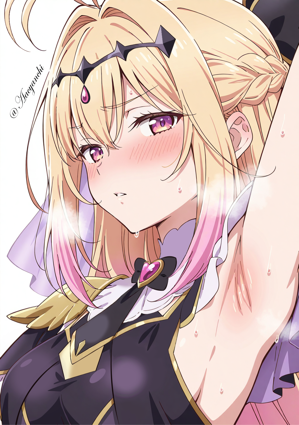 1girl aachan_(aacyanchi) antenna_hair arm_up armpits black_bow blonde_hair blush bow brooch commentary_request cure_arcana_shadow diamond_hairband gradient_hair hair_bow hair_intakes heart heart_brooch highres jewelry long_hair looking_at_viewer magical_girl meitantei_precure! moria_luluka multicolored_hair paid_reward_available parted_lips pink_hair precure presenting_armpit purple_eyes purple_veil simple_background solo sweat twitter_username upper_body veil white_background