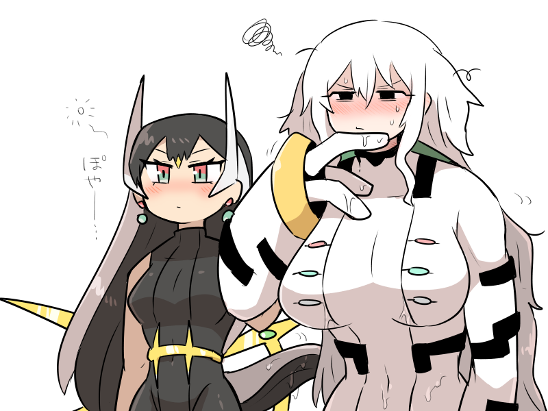 2girls arceus belt black_bodysuit black_eyes black_hair blush bodysuit breasts commentary earrings fewer_digits fluid_on_breasts gen_4_pokemon gold_belt horns implied_yuri jewelry kasugai_(de-tteiu) large_breasts legendary_pokemon long_hair makhia_(kasugai_(de-tteiu)) maria_(kasugai_(de-tteiu)) messy_hair multicolored_eyes multicolored_hair multiple_girls mythical_pokemon nintendo nose_blush personification pokemon pokemon_dppt regigigas squinting straight_hair sweat tail translated two-tone_hair very_long_hair white_bodysuit white_hair