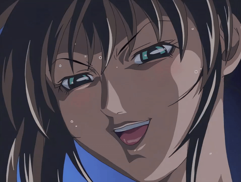 00s 1futa 2003 animated animated_gif anime_screenshot bible_black bible_black_night_of_the_walpulgiss brown_hair futanari hair_ornament imari_kurumi implied_cum implied_fellatio implied_futanari long_hair open_mouth side_ponytail smile solo sweat