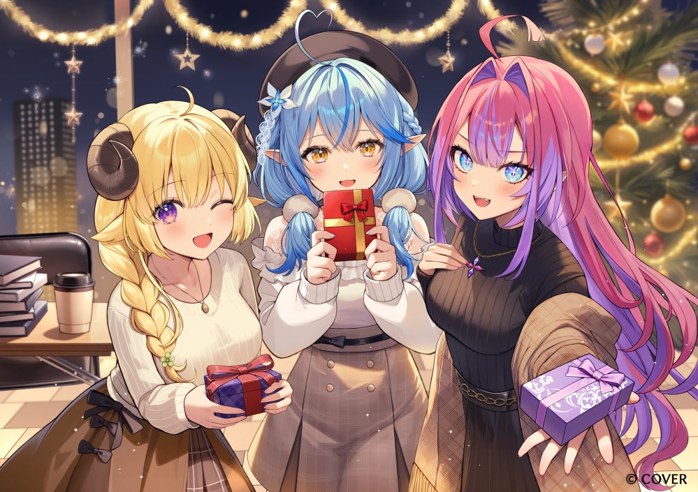 3girls ;d ahoge alternate_costume animal_ears aria_(ariacue) beret black_hat black_skirt black_sweater blonde_hair blue_eyes blue_hair blurry blurry_background braid braided_ponytail breasts brown_coat brown_skirt center-flap_bangs christmas_tree coat colored_inner_hair commentary_request copyright_name crossed_bangs cup disposable_cup double-parted_bangs flower frilled_shirt_collar frills gift hair_between_eyes hair_flower hair_intakes hair_ornament hair_over_shoulder hand_on_own_chest hands_up hat heart heart_ahoge holding holding_gift hololive hololive_dev_is horns incoming_gift indoors jewelry kikirara_vivi large_breasts long_hair looking_at_viewer low_ponytail low_twintails multicolored_hair multiple_girls necklace off_shoulder official_art one_eye_closed open_mouth pink_hair pleated_skirt pointy_ears ponytail purple_eyes purple_hair ribbed_sweater sheep_ears sheep_girl sheep_horns shirt shirt_tucked_in skirt smile streaked_hair sweater sweater_tucked_in tsunomaki_watame turtleneck turtleneck_sweater twintails very_long_hair virtual_youtuber white_shirt white_sweater yellow_eyes yukihana_lamy