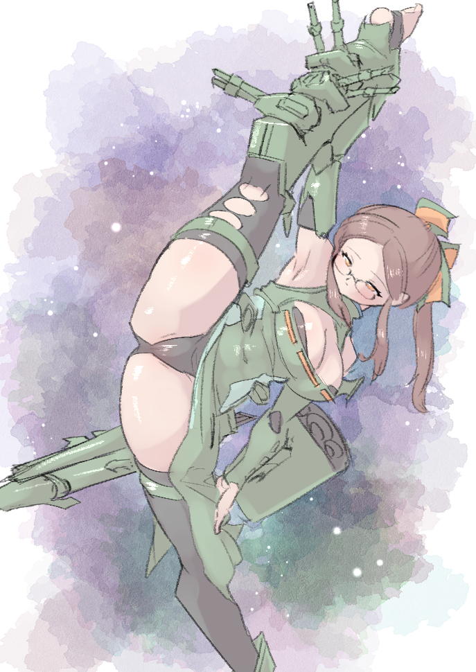 1girl armor armpits bare_shoulders black_thighhighs blush breasts brown_hair cleavage commentary_request gundam hair_ornament hand_on_own_thigh large_breasts leotard long_hair mobile_suit_gundam musai orange_eyes parted_bangs personification ponytail round_eyewear solo space star_(sky) starry_sky_background thick_thighs thighhighs thighs torn_clothes torn_thighhighs weapon yazawa_owl
