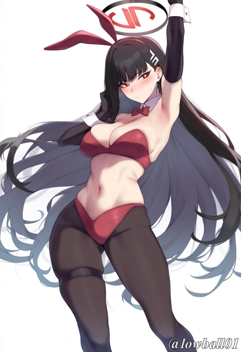 1girl ai-generated animal_ears arm_up armpits black_hair black_halo black_pantyhose blue_archive blush bow bowtie bra breasts bright_pupils cleavage closed_mouth detached_collar fake_animal_ears gloves hair_ornament hairclip hairpin halo highres large_breasts long_hair lowball01 navel pantyhose playboy_bunny rabbit_ears red_bra red_eyes red_halo rio_(blue_archive) sideboob simple_background solo strapless thigh_strap underwear very_long_hair white_pupils