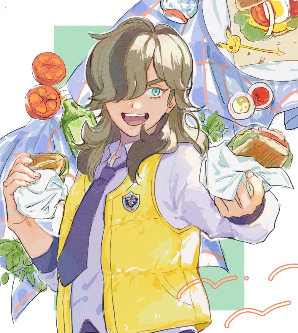 1boy :d arven_(pokemon) blue_eyes collared_shirt food grey_hair hair_over_one_eye holding holding_food holding_sandwich long_sleeves looking_at_viewer male_focus medium_hair necktie nintendo open_mouth pokemon pokemon_sv purple_necktie sandwich sasano_(fuyutomori) school_uniform shirt smile solo teeth tomato upper_teeth_only uva_academy_school_uniform vest white_shirt yellow_vest
