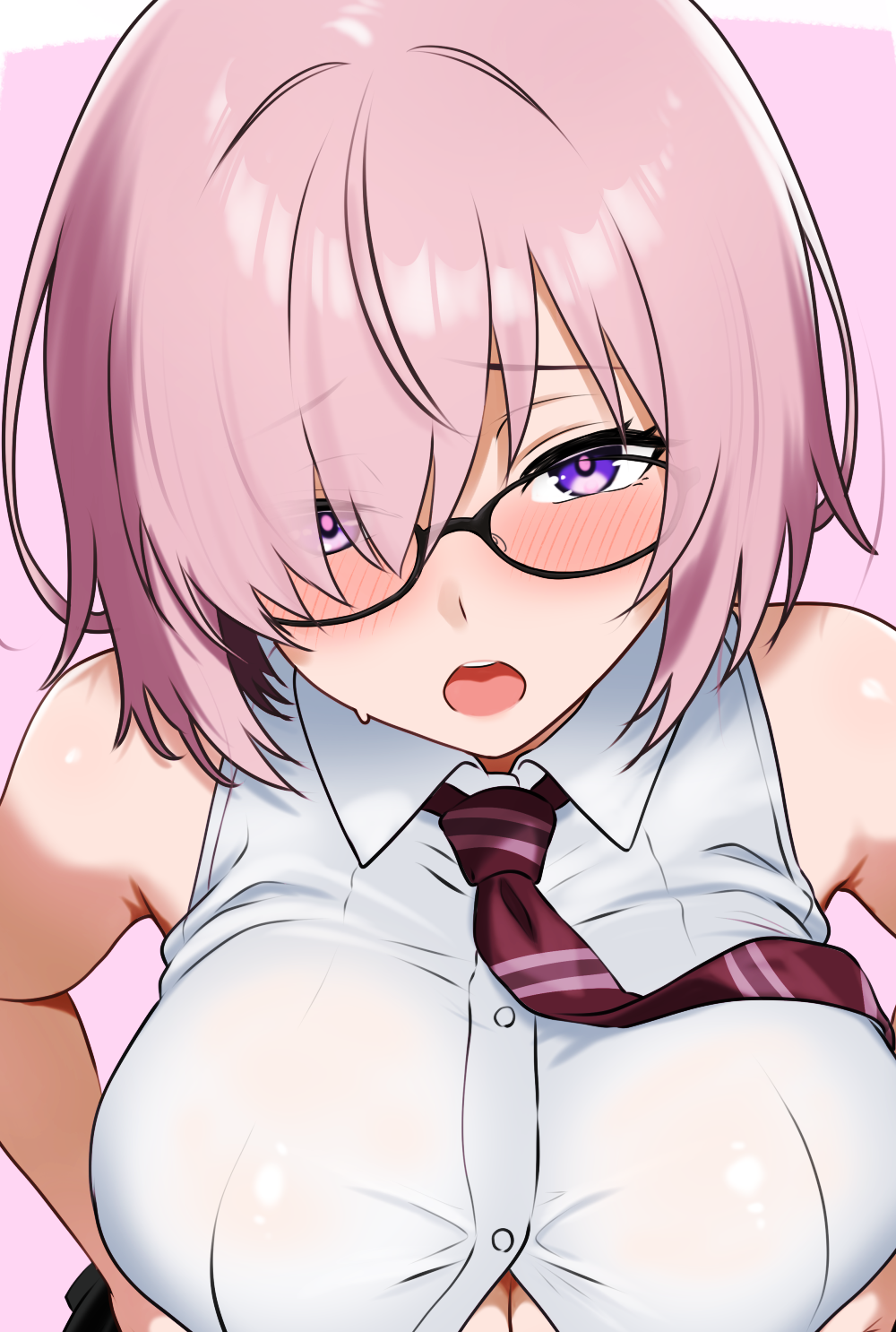 1girl bamboo_tac bare_shoulders blush breasts breasts_squeezed_together collared_shirt commentary_request fate/grand_order fate_(series) glasses grey_jacket hair_over_one_eye highres implied_paizuri jacket large_breasts looking_at_viewer mash_kyrielight necktie open_mouth out-of-frame_censoring pink_hair purple_eyes shirt short_hair sleeveless sleeveless_shirt white_shirt