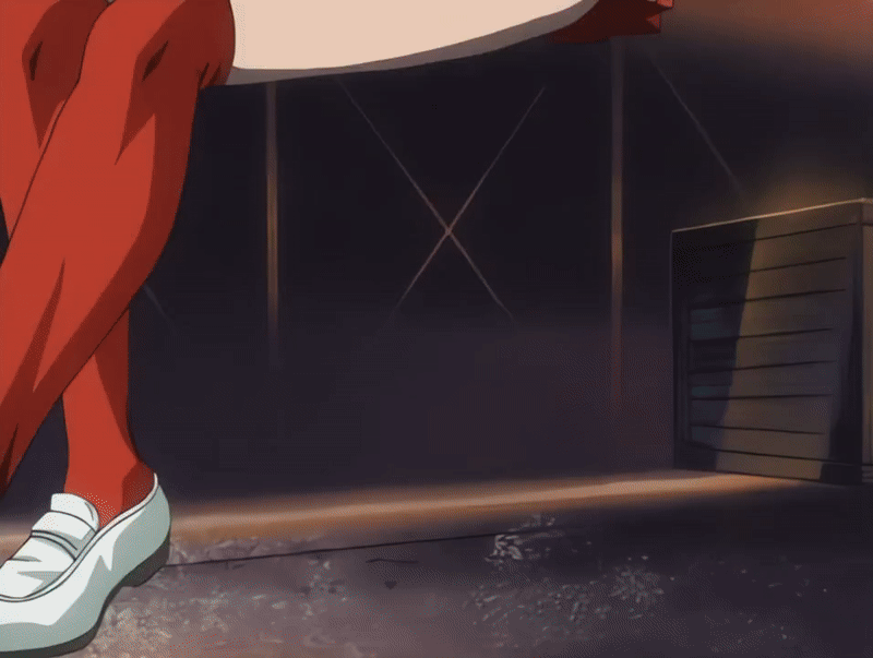 00s 1girl 2002 animated animated_gif anime_screenshot ass bible_black bible_black_gaiden blonde_hair blue_eyes bouncing_breasts breasts kitami_reika large_breasts panties pink_panties red_skirt red_socks shoes short_hair skirt socks sweater tagme underwear warehouse white_shoes