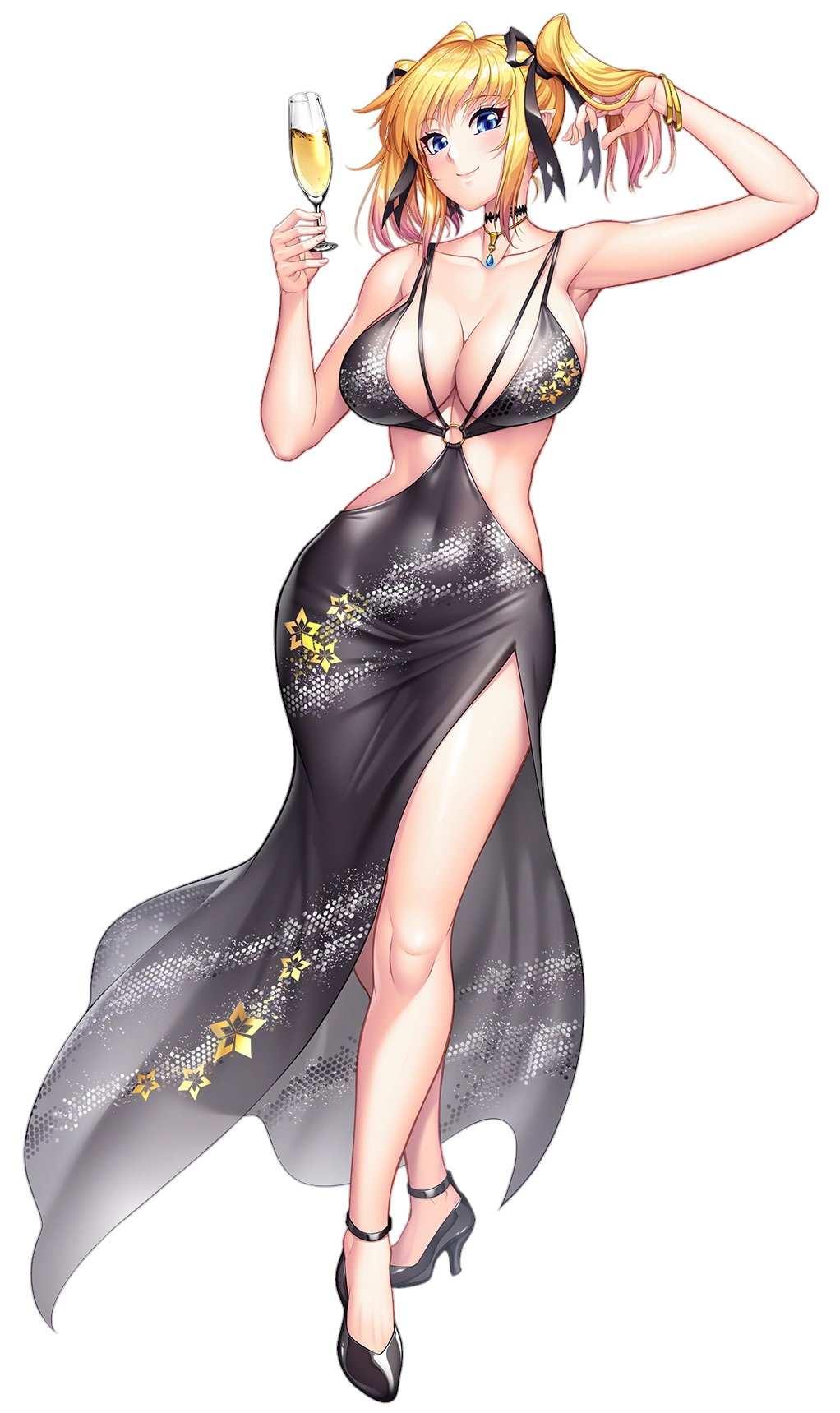 1girl alcohol alternate_costume armpits bare_shoulders blonde_hair blue_eyes blush bracelet breasts champagne champagne_flute choker cleavage closed_mouth collarbone covered_navel cup curvy dress drinking_glass full_body high_heels highres holding jewelry large_breasts lips long_hair looking_at_viewer o-ring official_alternate_costume official_art pointy_ears revealing_clothes shinganji_kurenai shiny_skin short_dress short_twintails side_slit sleeveless smile solo standing taimanin_(series) taimanin_kurenai taimanin_rpgx thighs transparent_background twintails wide_hips zol