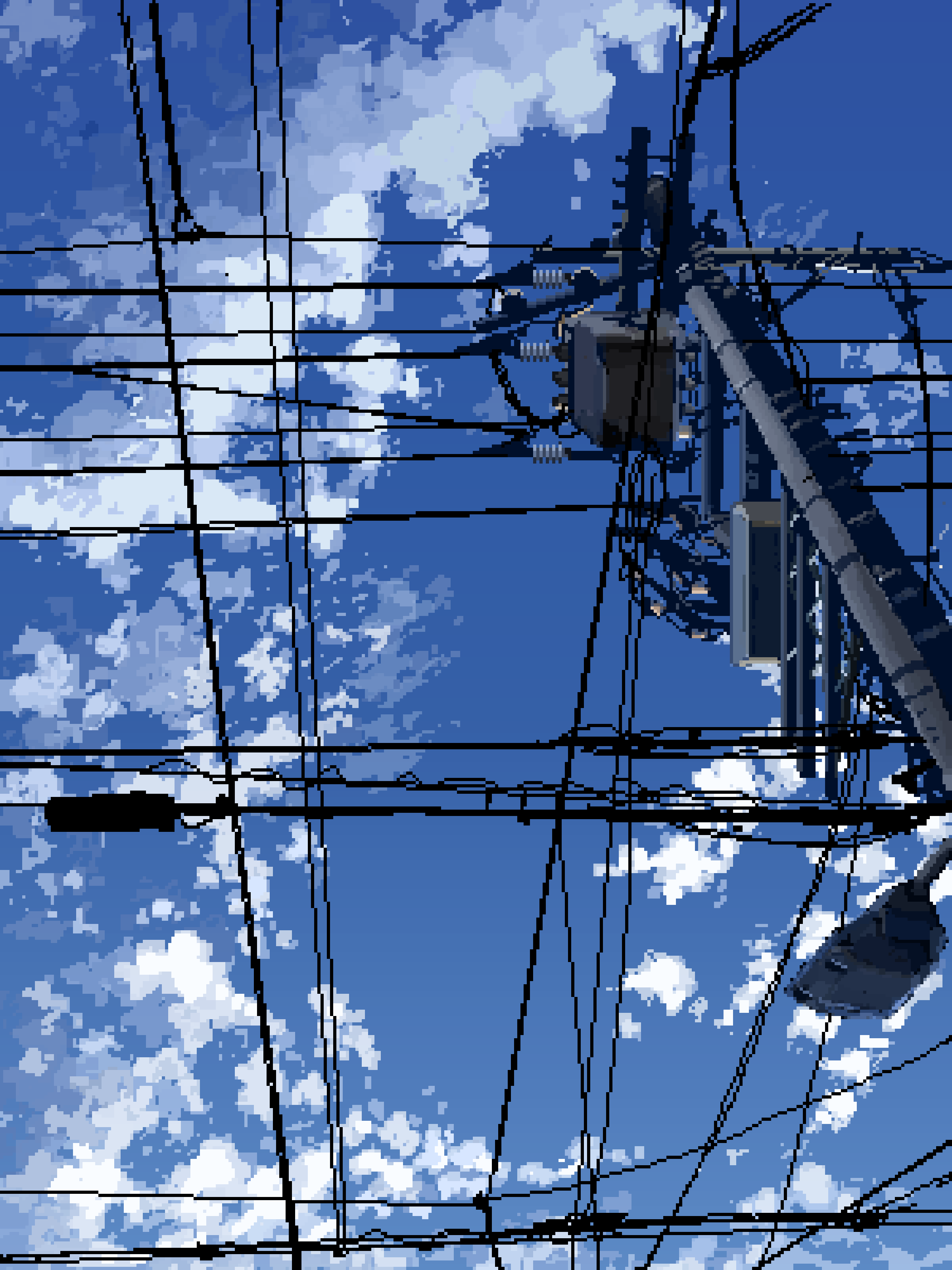 absurdres blue_sky cloud cloudy_sky commentary_request highres hisachan55cute no_humans original outdoors pixel_art power_lines scenery sky sky_focus utility_pole