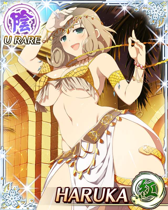 1girl :d arabian_clothes arms_up belly_dancing body_chain border breasts brown_hair card_(medium) character_name cleavage curled_ends dancer game_cg gold_bra gold_necklace green_eyes groin harem_outfit haruka_(senran_kagura) jewelry large_breasts medium_hair navel necklace official_art open_mouth outdoors pelvic_curtain senran_kagura senran_kagura_new_wave smile snake snake_wrapped_around_leg solo swept_bangs third-party_source