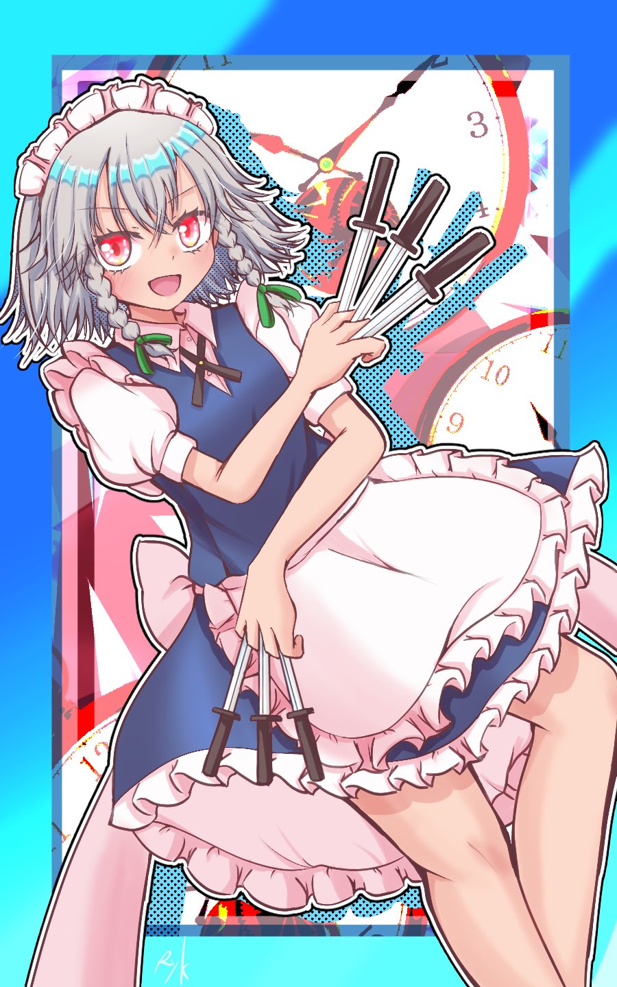 1girl apron blue_skirt braid braided_sidelocks clock commentary crossed_bangs frilled_apron frilled_hairband frilled_skirt frills hairband highres holding holding_knife izayoi_sakuya knife looking_at_viewer maid maid_headdress open_mouth puffy_short_sleeves puffy_sleeves red_eyes rykyukkuri short_hair short_sleeves skirt solo touhou white_apron white_hair