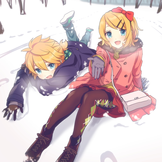 1boy 1girl :d akiyoshi_(tama-pete) ankle_boots argyle_clothes argyle_pantyhose bag blonde_hair blue_coat blue_eyes boots bow buttons coat commentary_request double-breasted fang footprints full_body fur-trimmed_coat fur_trim gloves hair_bow hair_ornament hairpin handbag kagamine_len kagamine_rin looking_at_viewer lying multiple_hairpins on_stomach open_mouth outdoors pantyhose ponytail print_pantyhose reaching reaching_towards_viewer red_bow red_coat red_skirt shoes short_hair short_ponytail sitting skirt smile sneakers snow tree vocaloid