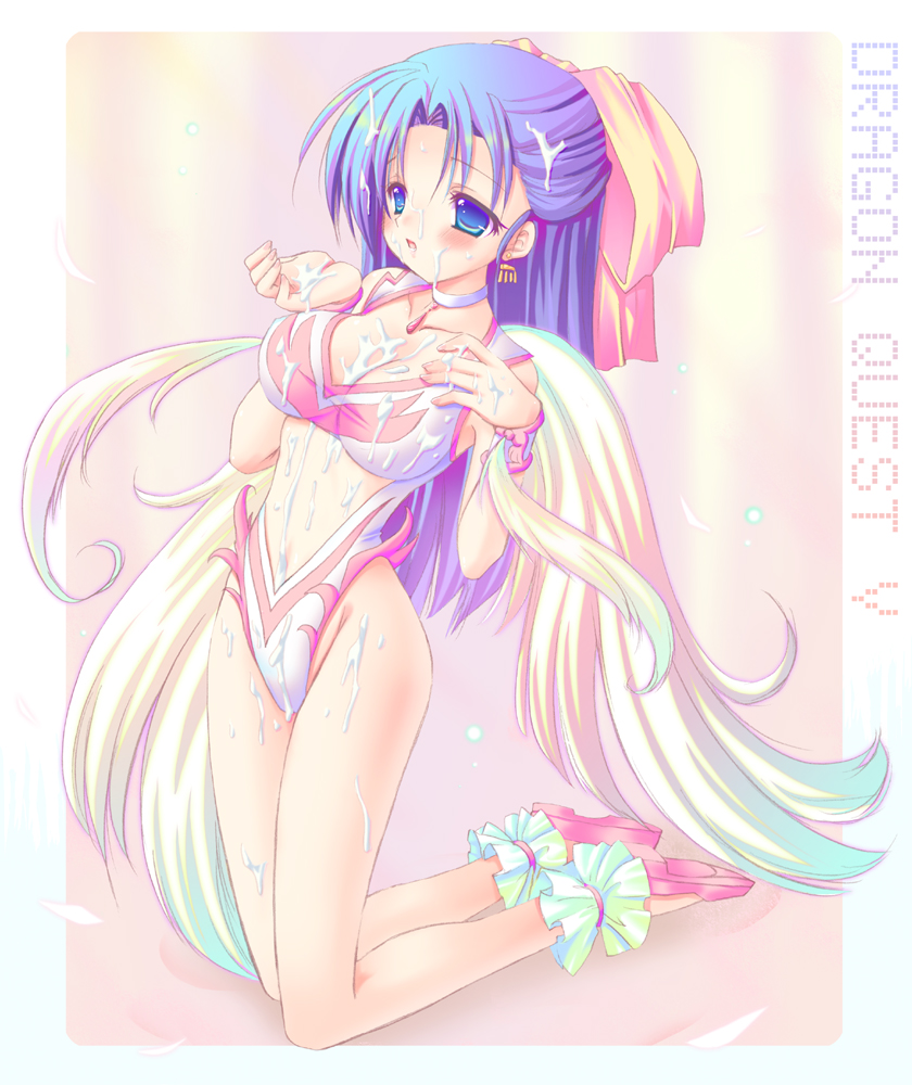 1girl alto_seneka angel_leotard ankle_garter bad_id bad_pixiv_id blue_eyes blue_hair blush bow breasts choker cleavage collarbone copyright_name cum cum_on_body cum_on_breasts cum_on_upper_body dragon_quest dragon_quest_v earrings facial female_focus flora_(dq5) hair_bow half_updo highleg highleg_leotard jewelry kneeling leotard long_hair matching_hair/eyes medium_breasts pink_bow shoes solo wings wrist_cuffs