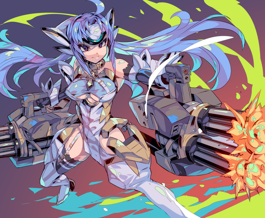 bare_shoulders blue_background blue_hair blue_leotard breasts commentary cowboy_shot dual_wielding english_commentary eyelashes firing gradient_background gun headgear holding holding_gun holding_weapon kos-mos leotard machine_gun medium_breasts mk-5 purple_eyes red_background underboob weapon xenosaga