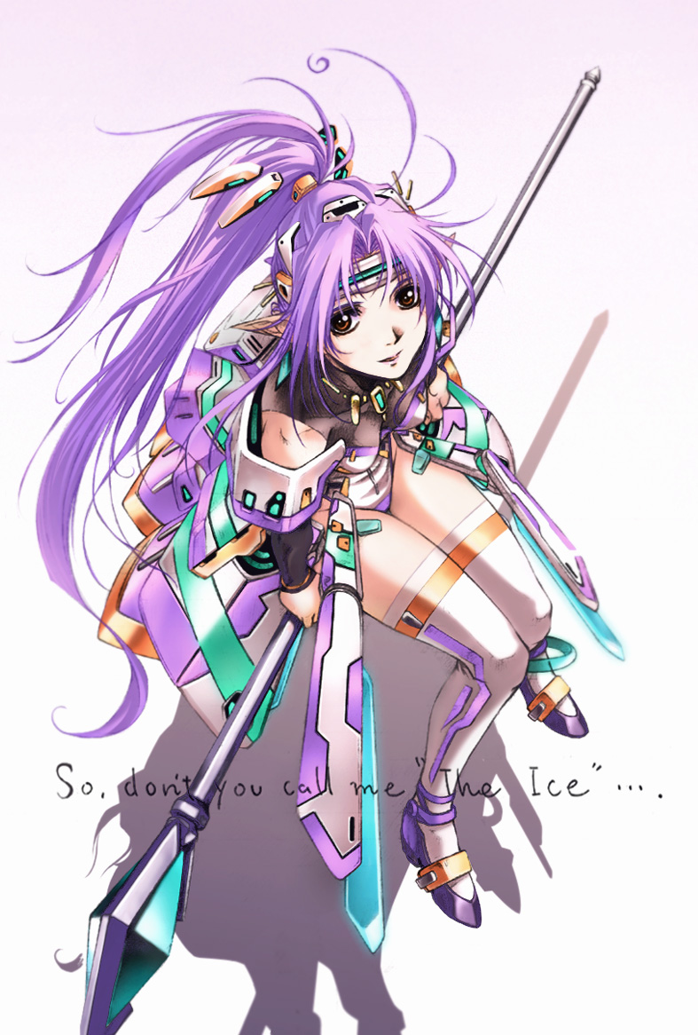 angelan armor brown_eyes elf headband long_hair mecha_musume nyaou pointy_ears ponytail purple_hair sitting solo staff thighhighs virtual_on white_thighhighs
