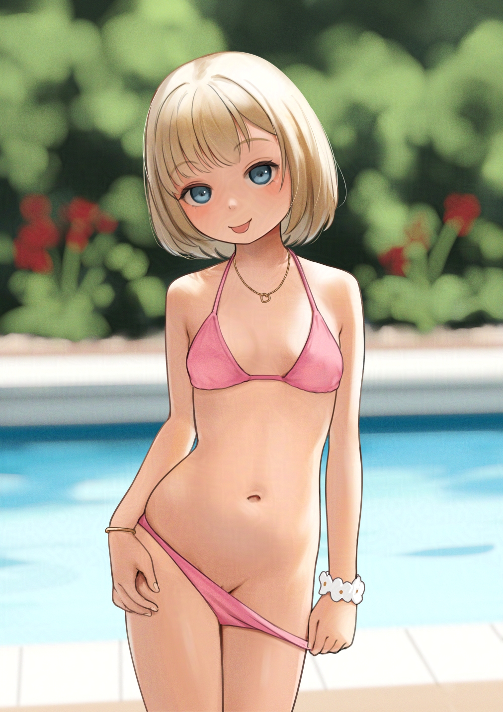 1girl adversarial_noise bikini bikini_bottom_pull bikini_pull blonde_hair blue_eyes blurry blurry_background breasts clothes_pull commentary commentary_request english_commentary highres jewelry kuroshiro00 loli looking_at_viewer navel necklace original outdoors pink_bikini pool poolside pussy pussy_peek short_hair small_breasts solo swimsuit tongue tongue_out