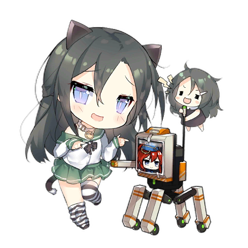 2girls 6p62_(girls'_frontline) :d =_= animal_ears black_bow black_bowtie black_bra black_hair black_shoes black_thighhighs blue_eyes blush blush_stickers bow bowtie bra bra_strap brown_dress cat_ears cat_tail chibi collar double_finger_gun dress fairy_(girls'_frontline) finger_gun full_body girls'_frontline green_sailor_collar green_skirt hair_between_eyes hair_ornament hairclip long_hair long_sleeves looking_at_viewer loose_thighhigh multiple_girls non-humanoid_robot off_shoulder official_art open_mouth photo_(object) pleated_skirt radio_antenna robot sailor_collar saru school_uniform shirt shoes shouting simple_background skirt slit_pupils smile smiley_face standing standing_on_one_leg striped_clothes striped_thighhighs tail tape taunt_fairy_(girls'_frontline) thighhighs third-party_source training_drone_(girls'_frontline) transparent_background underwear unkempt wheel white_collar white_shirt white_thighhighs