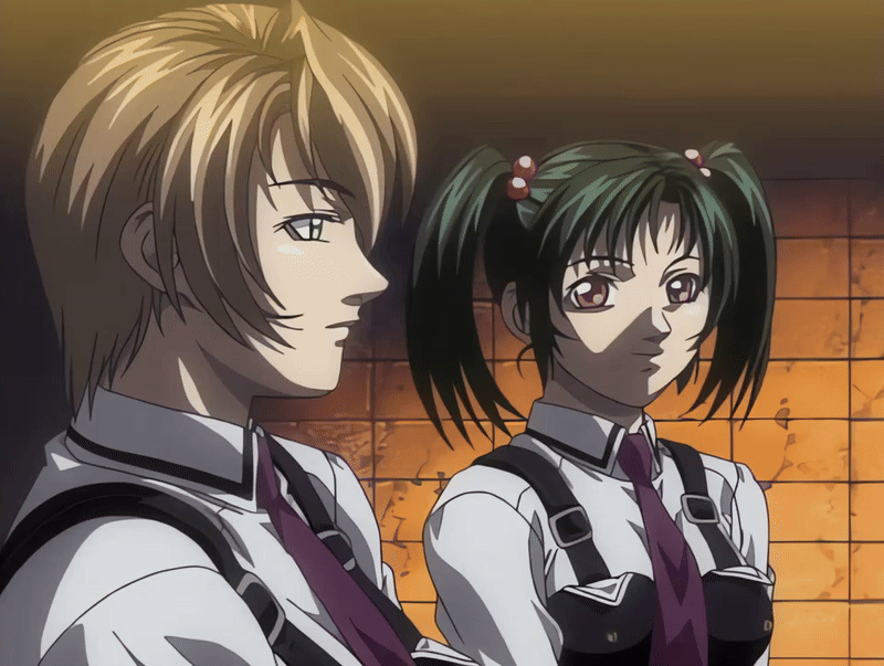 00s 2002 2girls animated animated_gif basement bible_black bible_black_gaiden breasts brown_hair green_eyes green_hair morita_rie multiple_girls necktie night ritual school_uniform shido_saki shirt short_hair smile suspenders tagme twintails white_shirt