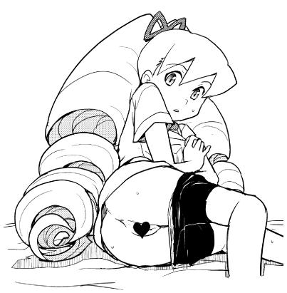 1girl bad_id bike_shorts censored drill_hair greyscale heart heart_censor heriyama loli long_hair looking_at_viewer lowres luna_platz_(mega_man) lying mega_man_(series) mega_man_star_force_(series) monochrome on_side parted_lips pussy simple_background sweat twin_drills very_long_hair white_background