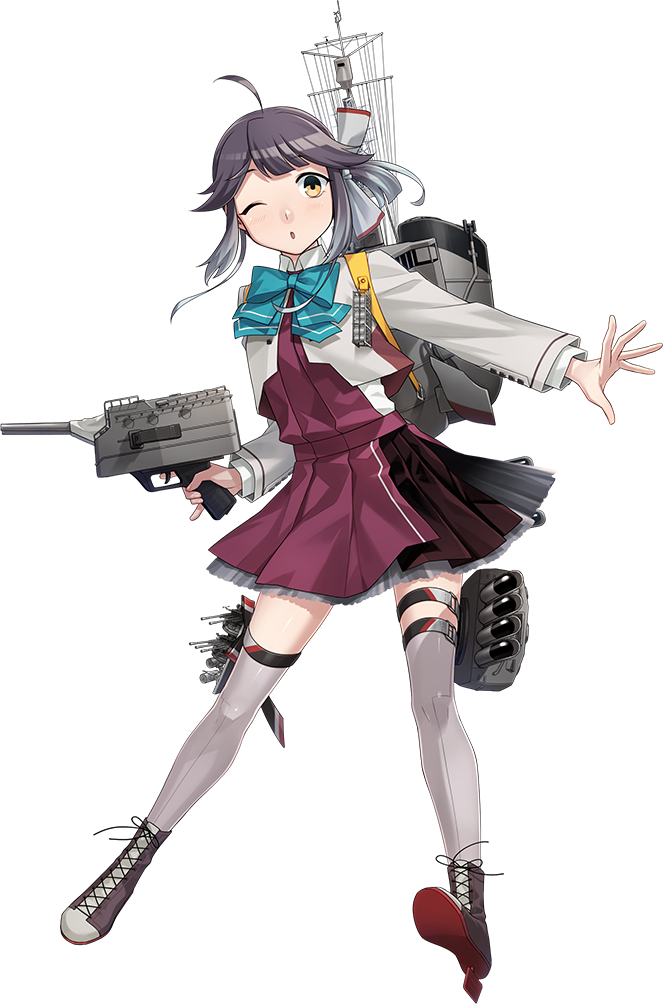 1girl adapted_turret ahoge aqua_bow aqua_bowtie bad_link blue_eyes boots bow bowtie dress fujikawa full_body gradient_hair grey_hair grey_thighhighs hair_ribbon halter_dress halterneck hayanami_(kancolle) hayanami_kai_ni_(kancolle) kantai_collection lace-up_boots looking_at_viewer multicolored_hair official_art one_eye_closed purple_dress ribbon rigging short_hair smokestack solo thighhighs