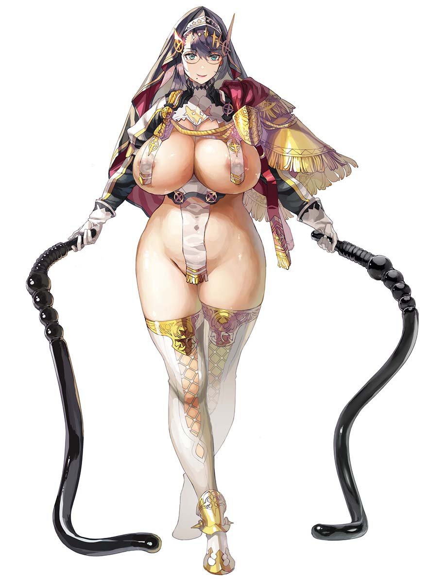 1girl aiguillette aqua_eyes areola_slip black_hair black_veil boots bottomless breast_curtains breasts cape cleavage closed_mouth commentary_request covered_navel curvy dildo dual_wielding epaulettes full_body glasses gloves gold_trim groin highres holding huge_breasts huge_dildo juliet_sleeves large_areolae long_hair long_legs long_sleeves looking_at_viewer mole mole_under_eye narrow_waist nipples nishii_(damnedrive) nun nun_headdress original pelvic_curtain plump puffy_sleeves red_cape red_veil revealing_clothes see-through_breast_curtains sex_toy shrug_(clothing) simple_background single_epaulette smile solo standing straight-on tachi-e tentacle_dildo thick_thighs thigh_boots thighs two-sided_veil underbust v-shaped_eyebrows veil whip white_background white_boots white_gloves white_shrug wide_hips