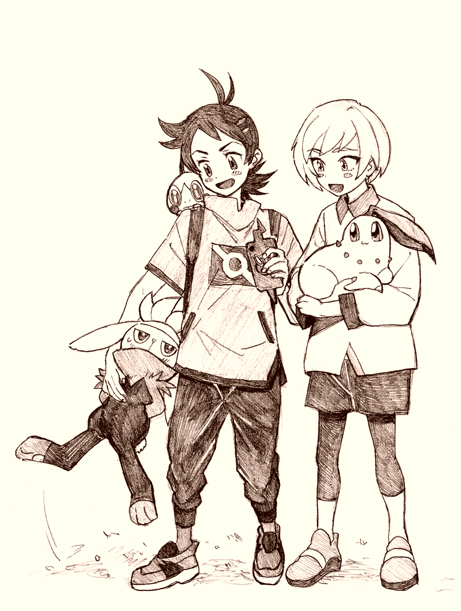 2boys carrying chikorita eye_contact full_body gen_2_pokemon gen_4_pokemon gen_8_pokemon goh_(pokemon) highres holding holding_pokemon horace_(pokemon) long_sleeves looking_at_another multiple_boys nintendo on_shoulder pokemon pokemon_(anime) pokemon_(creature) pokemon_journeys pokemon_on_shoulder quhi_nts raboot rotom rotom_phone shirt short_hair short_sleeves shorts sobble