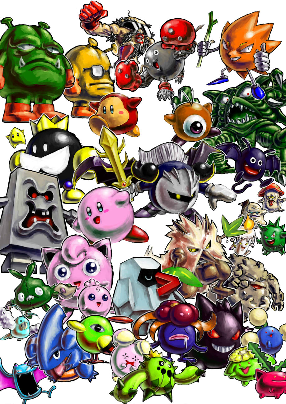 altaria cacnea copyright_request digimon digimon_(creature) dr._slump dragon_quest fangs gen_1_pokemon gen_2_pokemon gen_3_pokemon gen_4_pokemon gen_5_pokemon gengar gible gloom golbat graveler highres hoppip igglybuff jigglypuff jumpluff kaosu_(kaosu0905) king_bob-omb kirby kirby_(series) looking_at_viewer luma_(mario) mamemon mario_(series) meta_knight nanimon natu nintendo nosepass pokemon pokemon_(creature) sharp_teeth shiftry skiploom spikes super_mario_64 super_mario_galaxy teeth trubbish waddle_dee waddle_doo whismur whomp whomp_king