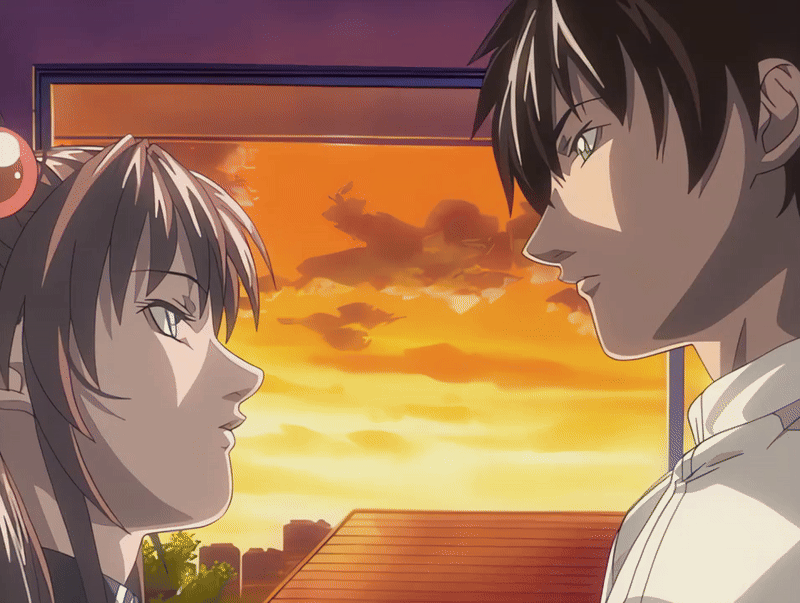 00s 1boy 1girl 2003 animated animated_gif bible_black bible_black_night_of_the_walpulgiss blush brown_hair closed_eyes green_eyes hair_ornament hand_on_chin imari_kurumi kiss minase_taki ponytail pushing shirt side_ponytail smile sunset tagme