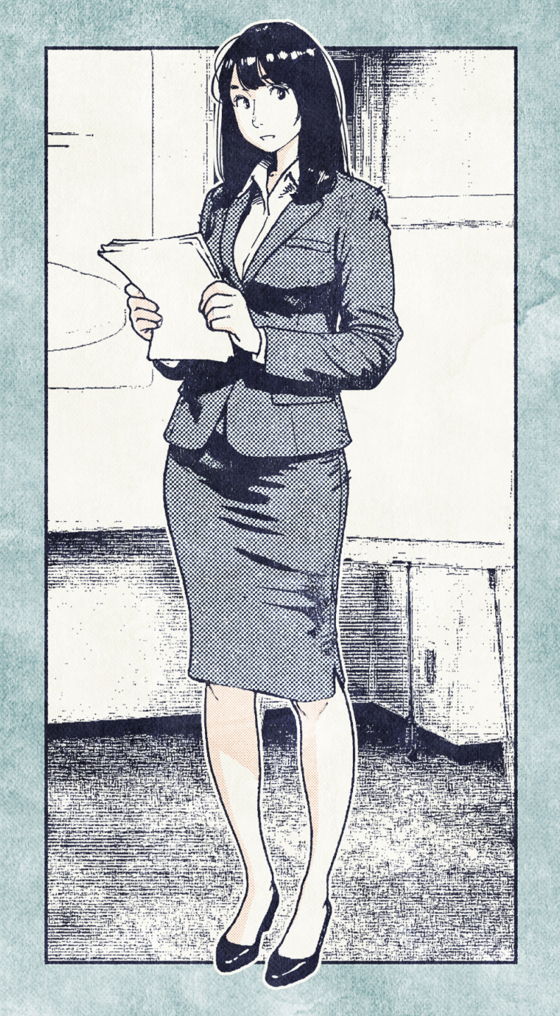 1girl commentary_request formal_clothes full_body greyscale high_heels highres holding jacket long_hair monochrome office office_lady original pencil_skirt shoes skirt solo standing suit velokisss