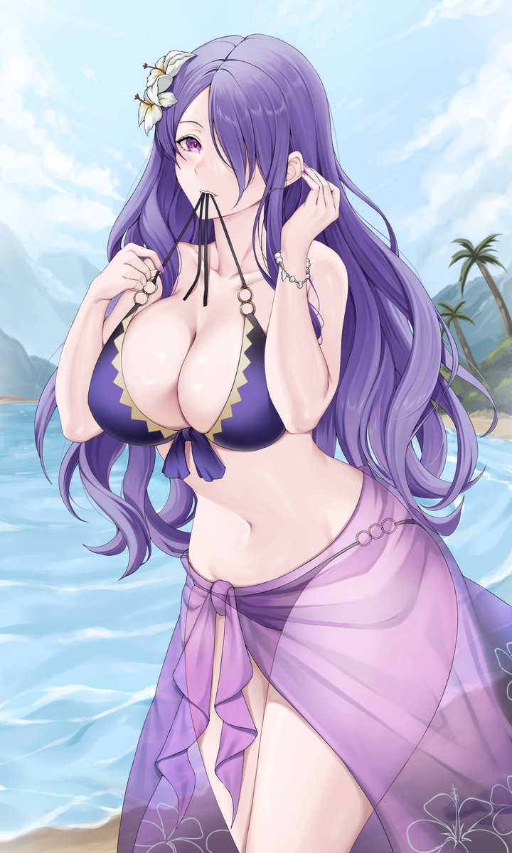 1girl beach bikini bracelet breasts camilla_(fire_emblem) camilla_(tropical_beauty)_(fire_emblem) cleavage cleft_of_venus fire_emblem fire_emblem_fates fire_emblem_heroes flower foxie30 hair_flower hair_ornament hair_over_one_eye jewelry large_breasts long_hair looking_at_viewer midriff navel nintendo ocean official_alternate_costume one_eye_covered open_clothes outdoors palm_tree purple_eyes purple_hair sand see-through_clothes solo swimsuit tree untied_bikini untied_bikini_top water wavy_hair