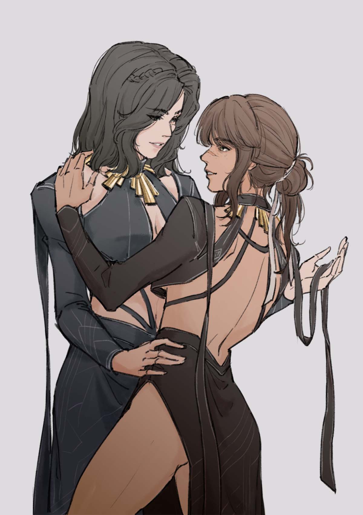 2girls backless_dress backless_outfit black_dress black_hair breasts brown_hair bushidaimo clair_obscur:_expedition_33 cleavage dress freckles grey_background hand_on_another's_shoulder hand_on_another's_waist hashtag-only_commentary highres lune_(clair_obscur:_expedition_33) medium_hair multiple_girls parted_lips scar scar_on_face scar_on_nose sciel_(clair_obscur:_expedition_33) side_slit simple_background smile yuri
