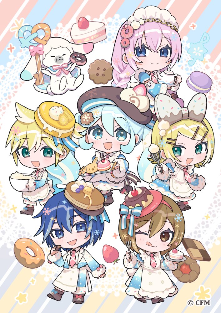 2boys 4girls apron aqua_eyes asymmetrical_legwear blonde_hair blue_dress blue_eyes blue_hair blue_pantyhose blue_shirt brown_eyes brown_hair brown_hat brown_pants brown_shoes chibi chibi_only closed_mouth commentary_request cookie donut dot_nose dress food full_body hair_ornament hat hatsune_miku holding holding_donut holding_food holding_teapot kagamine_len kagamine_rin kaito_(vocaloid) key long_hair looking_at_viewer megurine_luka meiko meiko_(vocaloid) mismatched_legwear multicolored_hair multiple_boys multiple_girls musical_note musical_note-themed_food one_eye_closed pants pantyhose pink_hair pink_pantyhose rabbit rabbit_yukine shirt shoes sleeves_past_wrists smile snowflake_print sprinkles streaked_hair striped_clothes striped_pantyhose teapot tongue tongue_out very_long_hair vocaloid white_apron white_hat white_pantyhose yamigirikuroko yuki_kaito yuki_len yuki_luka yuki_meiko yuki_miku yuki_miku_(2026) yuki_rin