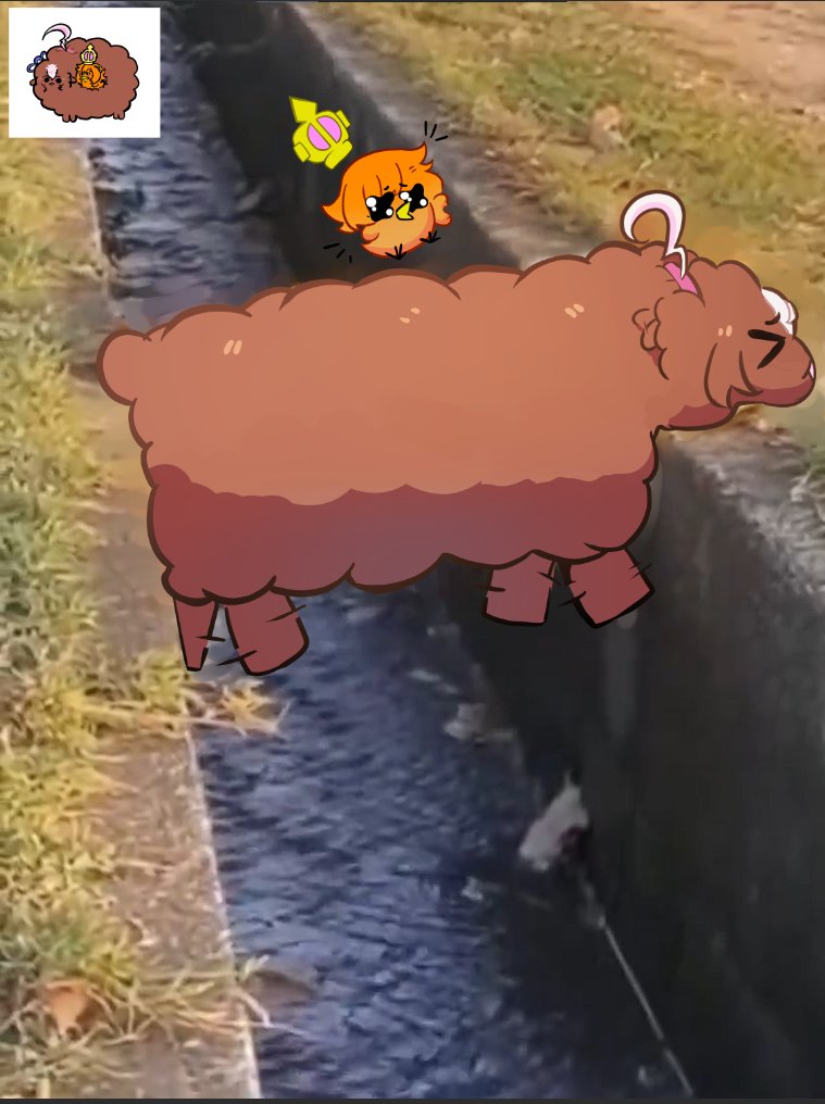 &gt;_&lt; ahoge animal_focus animalization awooogie beak bird brown_fur brown_hair closed_eyes crown grass hairband meisho_doto_(umamusume) mini_crown multicolored_hair orange_hair photo-referenced photo_inset pink_crown pink_hairband recursive_animalization sheep stuck t.m._opera_o_(umamusume) tail umamusume water white_hair wings