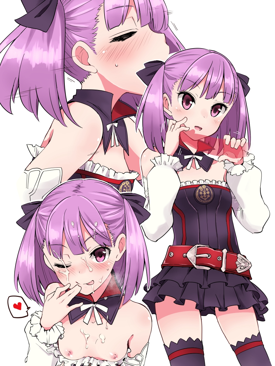 1boy 1girl :d ;p ;q black_dress black_ribbon black_thighhighs blunt_bangs blush boots breasts breasts_out closed_eyes collarbone commentary_request cum cum_on_body cum_on_breasts cum_on_hair cum_on_upper_body dated detached_collar detached_sleeves dress facial fate/grand_order fate_(series) fellatio finger_to_mouth frilled_boots frills fujii_jun hair_ribbon handjob helena_blavatsky_(fate) hetero highres knee_boots kneeling long_sleeves looking_at_viewer motion_lines multiple_views nipples one_eye_closed open_mouth oral penis photoshop_(medium) profile purple_eyes purple_hair ribbon short_dress short_hair simple_background small_breasts smile solo_focus speed_lines strapless strapless_dress sweat thighhighs tongue tongue_out tsurime twitter_username two_side_up v-shaped_eyebrows white_background white_boots white_ribbon white_sleeves zettai_ryouiki