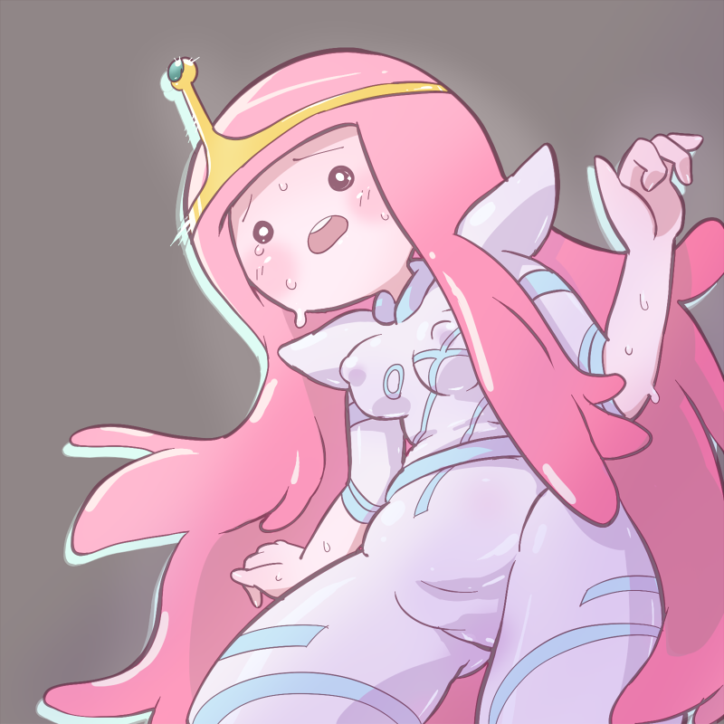 1girl adventure_time black_background black_eyes blush bodysuit breasts cartoon_network covered_erect_nipples k-nattoh long_hair open_mouth pink_hair plump princess princess_bonnibel_bubblegum shoulder_pads small_breasts sparkle standing sweat teeth tiara white_bodysuit